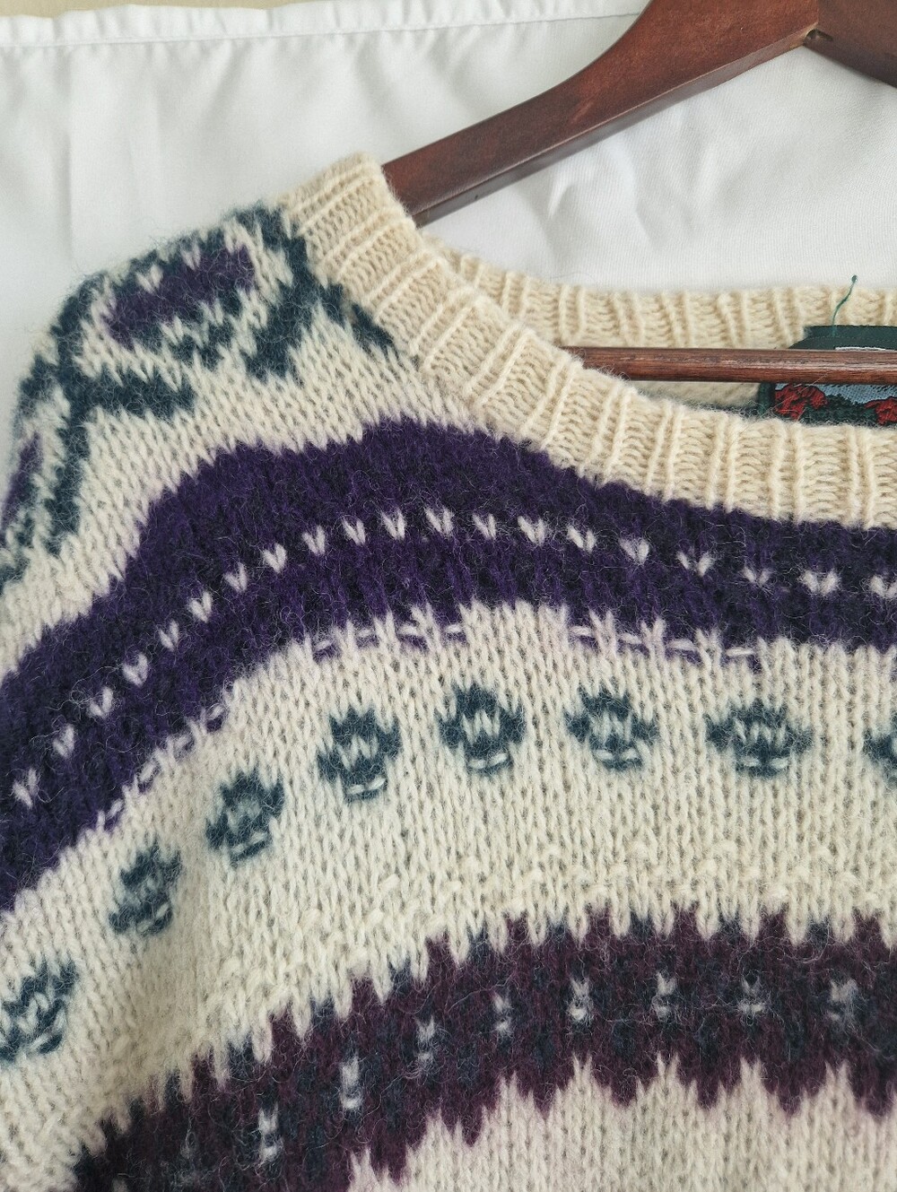 Cream Fair Isle Crewneck Sweater with Purple & Teal Pattern - Picture 4 of 5